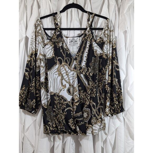 Rope & Chain Print XL Cold Shoulder Peasant Sleeve Faux Wrap by VaVa by Joy Han - Picture 1 of 12